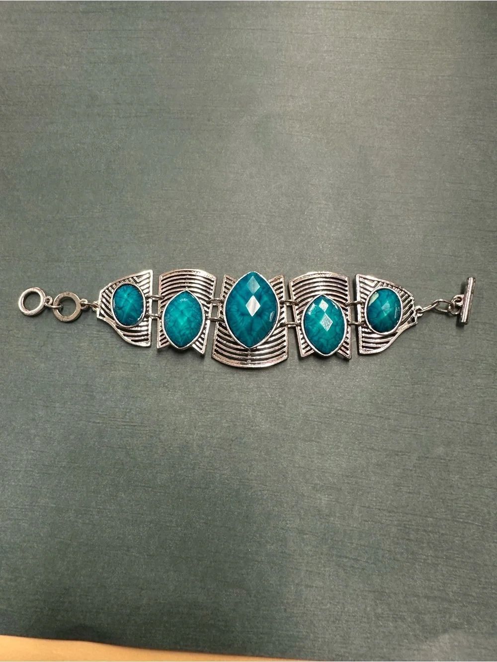 Silver Turquoise Acrylic Bead Panel Bracelet B12